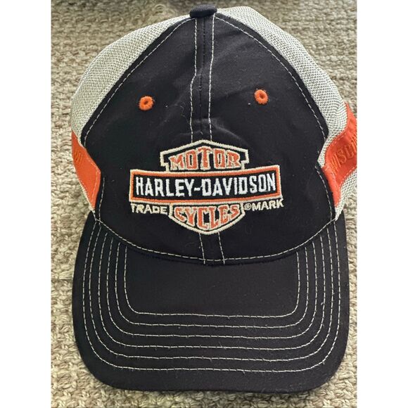 Harley Davidson Motorcycle Black Biker Hat Dad Cap Black Orange Adjustable Wisco - Picture 1 of 6